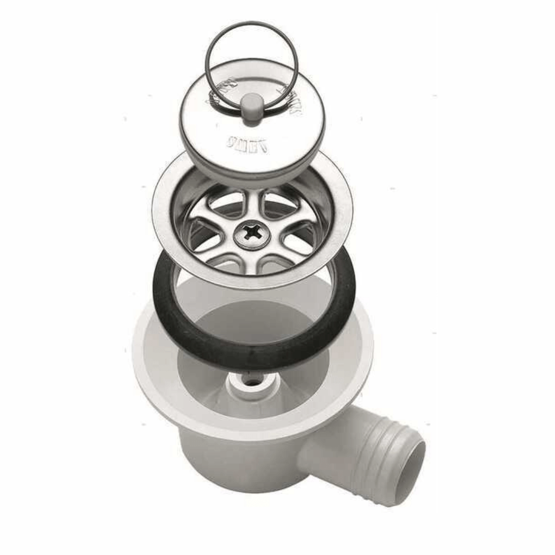 Piletta dritta lavello Ø 25mm esplosa: corpo plastica bianca, filtro inox, guarnizione nera e tappo con anello