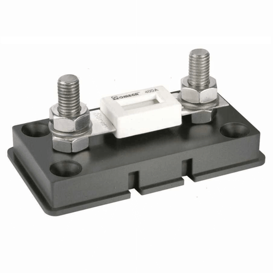 Portafusibile ANL Omega 400A con base nera isolata, due bulloni in acciaio inox e fusibile bianco centrale