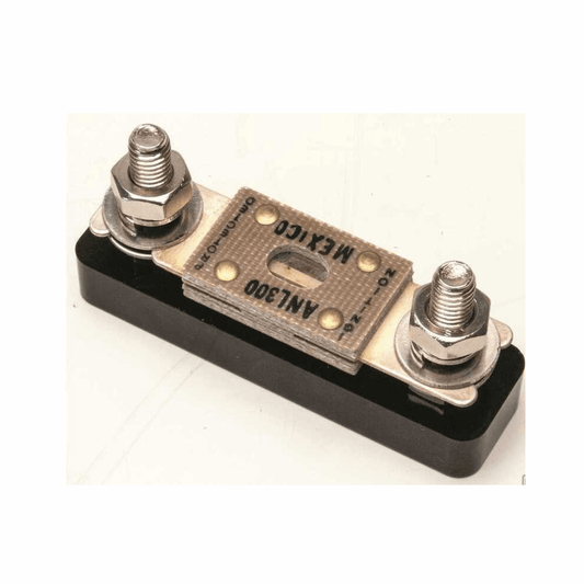 Portafusibile ANL 300A nero con base isolata, bulloni cromati e fusibile laminare beige montato