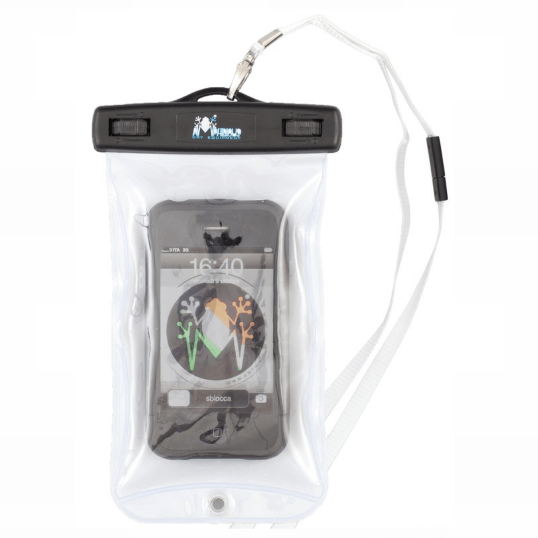 Custodia impermeabile trasparente porta smartphone bianca con chiusura nera e laccio, iPhone visibile all'interno