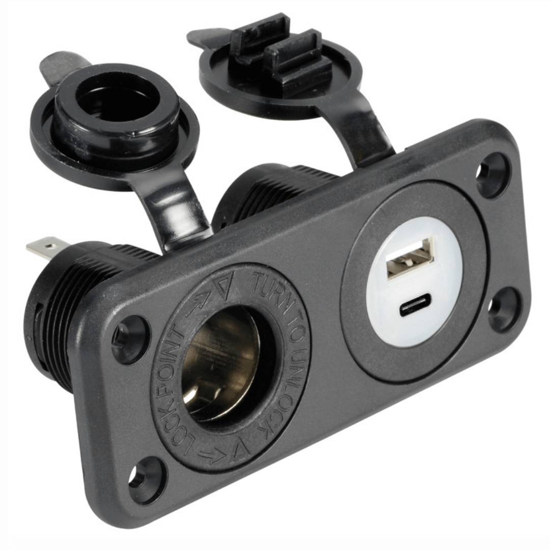 Presa incasso nautica nera con accendisigari, USB-A e USB-C, pannello plastica con cover protettiva
