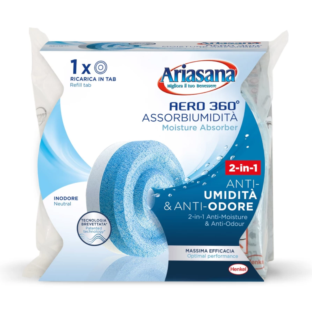 Ricarica tab rotonda blu Ariasana Aero 360° assorbiumidità anti-odore in confezione bianca