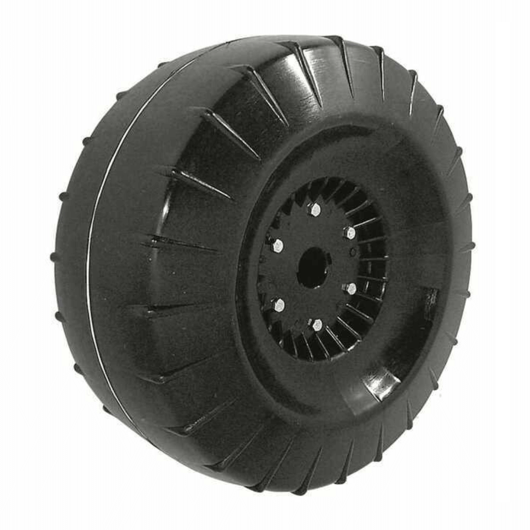 Ruota per carrello uso sabbia Ø 390 mm nera in gomma con mozzo centrale e raggi