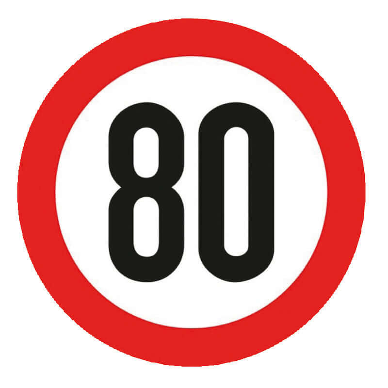 Segnale di velocità 80 km/h rotondo rosso e bianco con numero nero in grassetto, adesivo omologato
