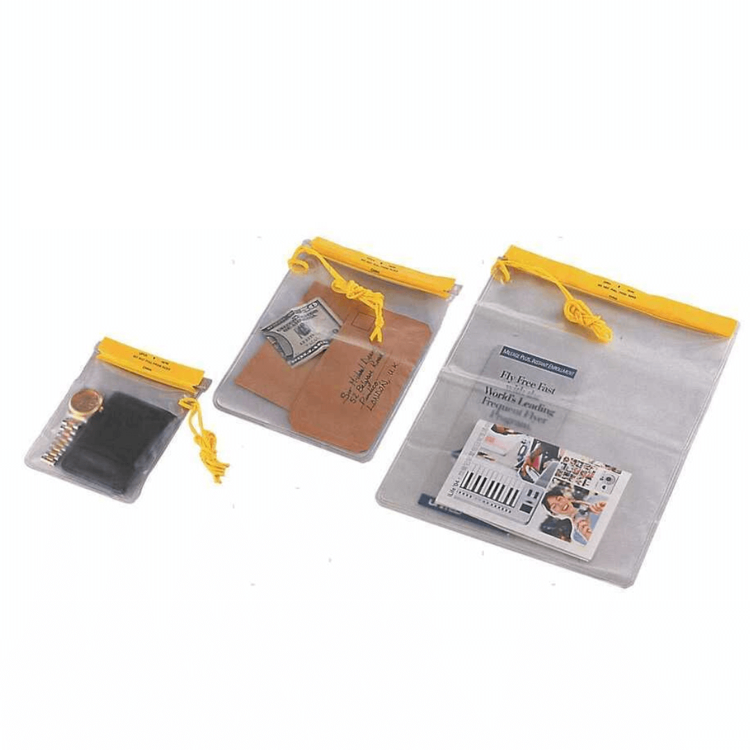 Set 3 buste impermeabili trasparenti Yellow Baggy con chiusura gialla a coulisse, varie misure con accessori