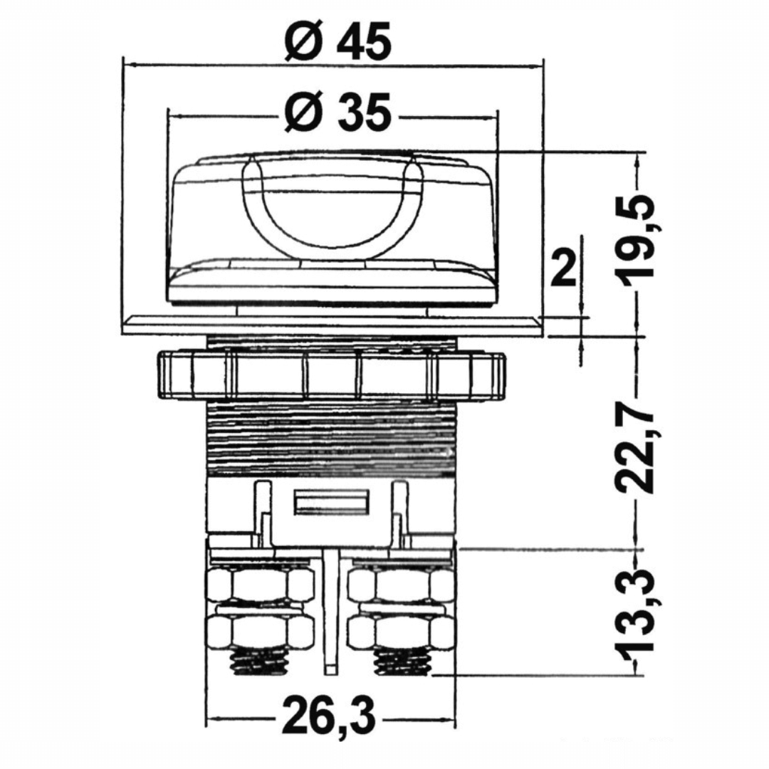 Scheda tecnica staccabatterie compact 32V DC 100A con dimensioni: Ø45mm, altezza 19,5mm