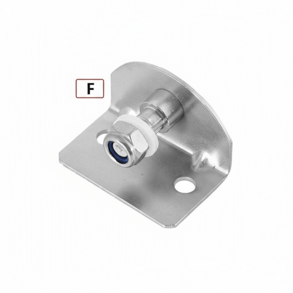 Staffa attuatore inox tipo F con perno e dado autobloccante, forma angolare, fori di fissaggio