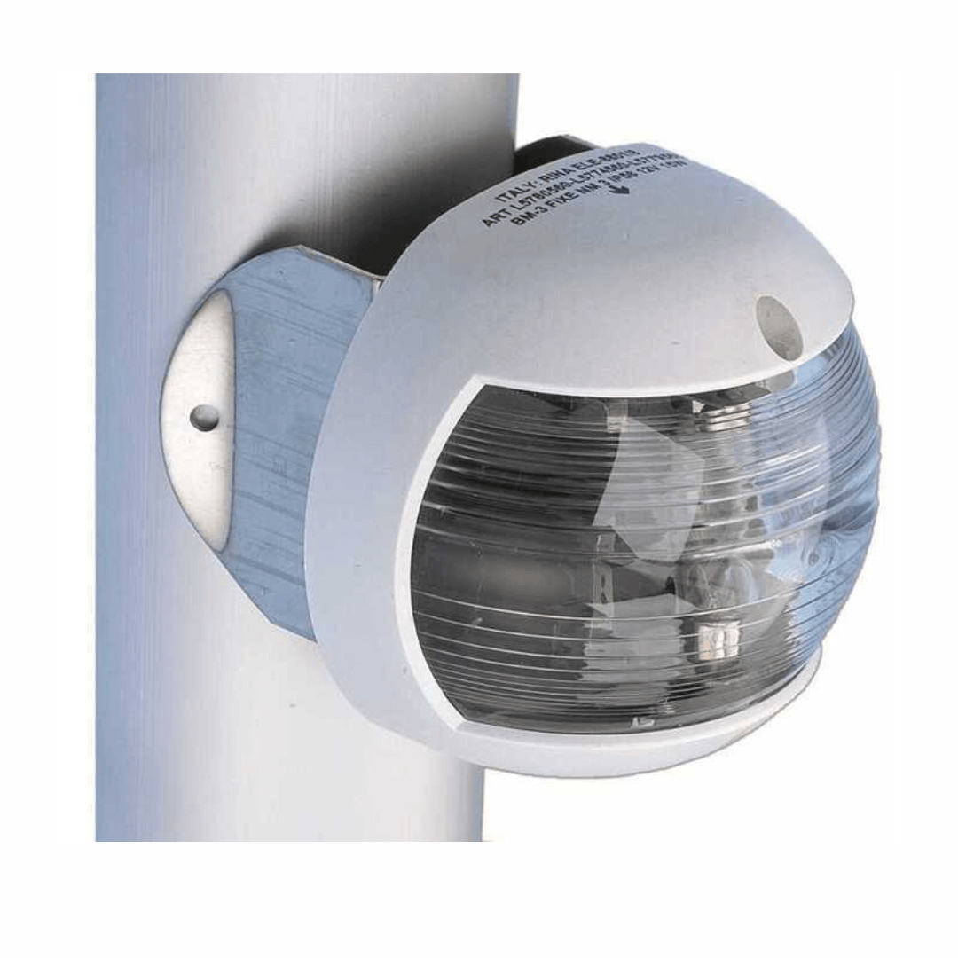 Fanale di via nautico bianco sferico con lente fresnel trasparente montato su tubo in alluminio