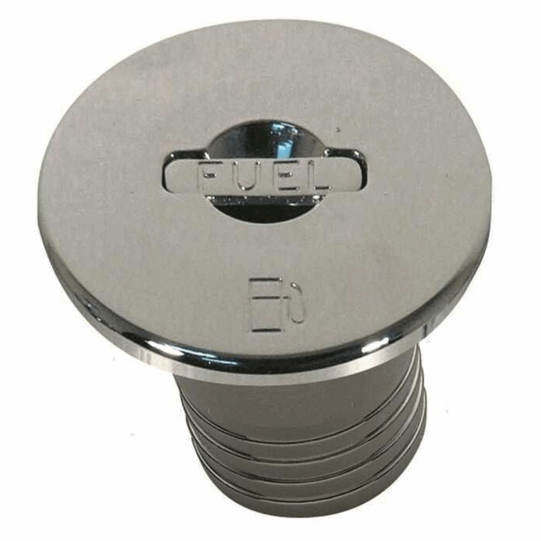 Tappo imbarco carburante in acciaio inox lucido, testa circolare con scritta FUEL, collo filettato Ø 38 mm