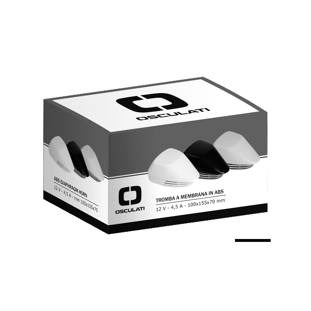 Confezione tromba a membrana ABS Osculati 12V bianca e nera, forma aerodinamica, 100x155x70mm