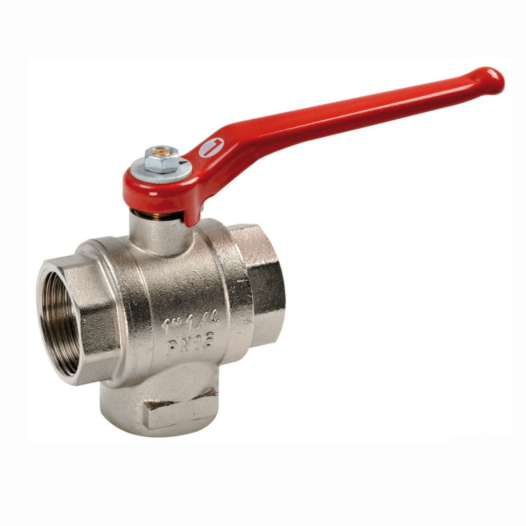Valvola a sfera deviatrice 3 vie in ottone nichelato con leva rossa, attacchi femmina 1"1/4 PN16