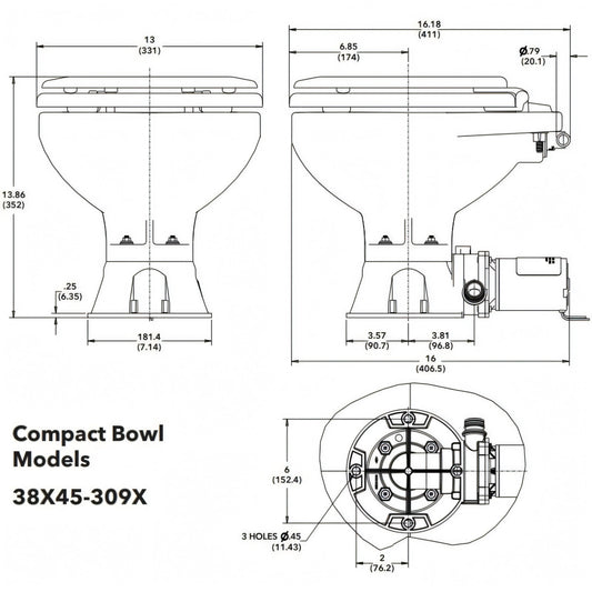 WC Jabsco Quiet Flush E2 Compact, vista laterale