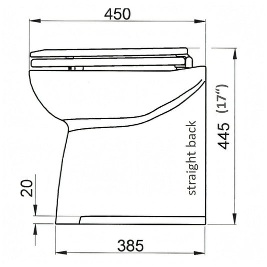 Disegno tecnico quotato del WC elettrico Jabsco Delux Flush con le misure di ingombro