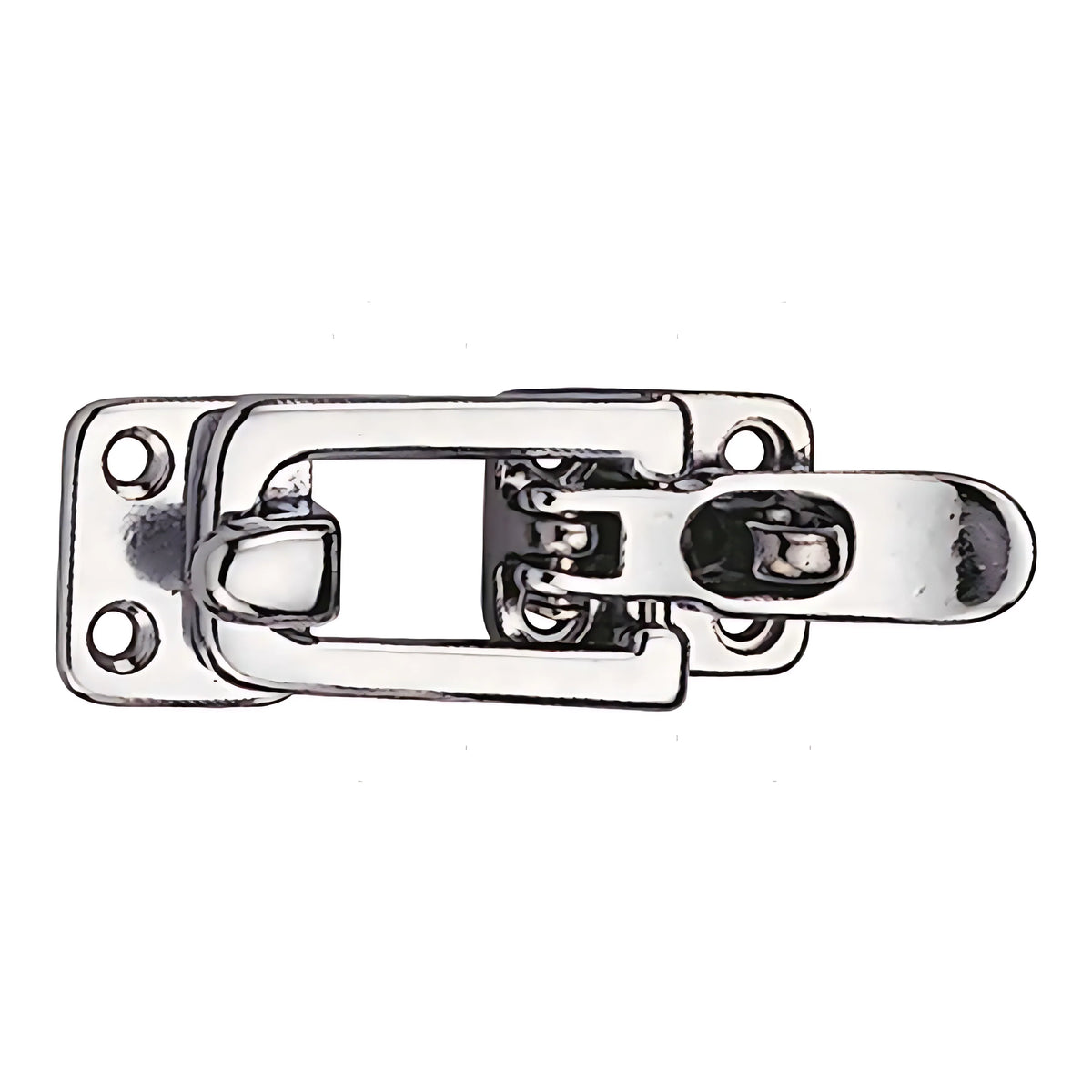 Chiusura piana a leva in acciaio inox con foro per lucchetto, dimensioni 100x30 mm. Ideale per la sicurezza di gavoni e portelli nautici.