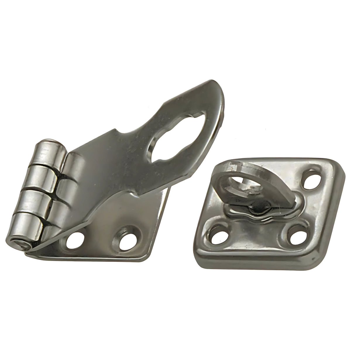 Chiusura a ribalta per porta in acciaio inox con occhiello fisso e foro per lucchetto, dimensioni 71x28 mm. Ideale per la sicurezza di gavoni e portelli.