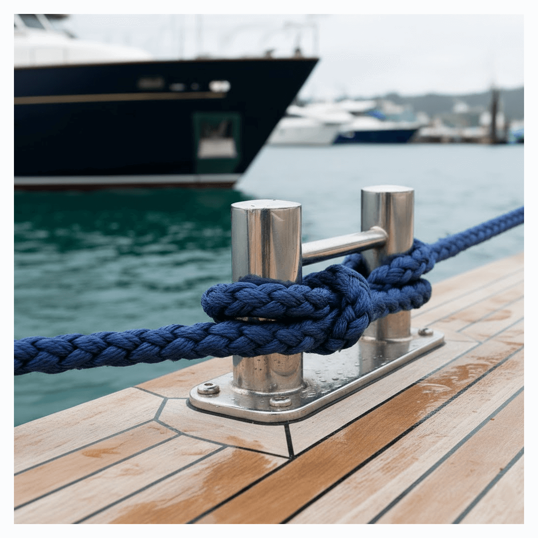 Cima da ormeggio blu navy intrecciata a 8 legnoli in poliestere, annodata su galloccia inox su pontile