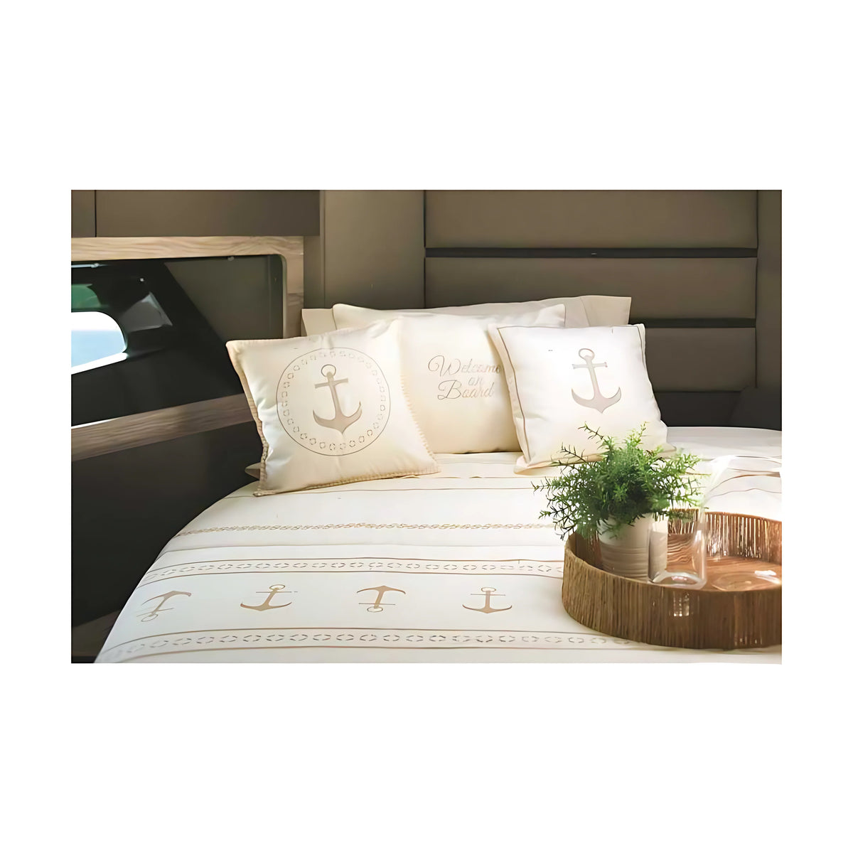Cuscino Decorativo Anchor Marine Business Ecru Vista Frontale Dettaglio Ricamo