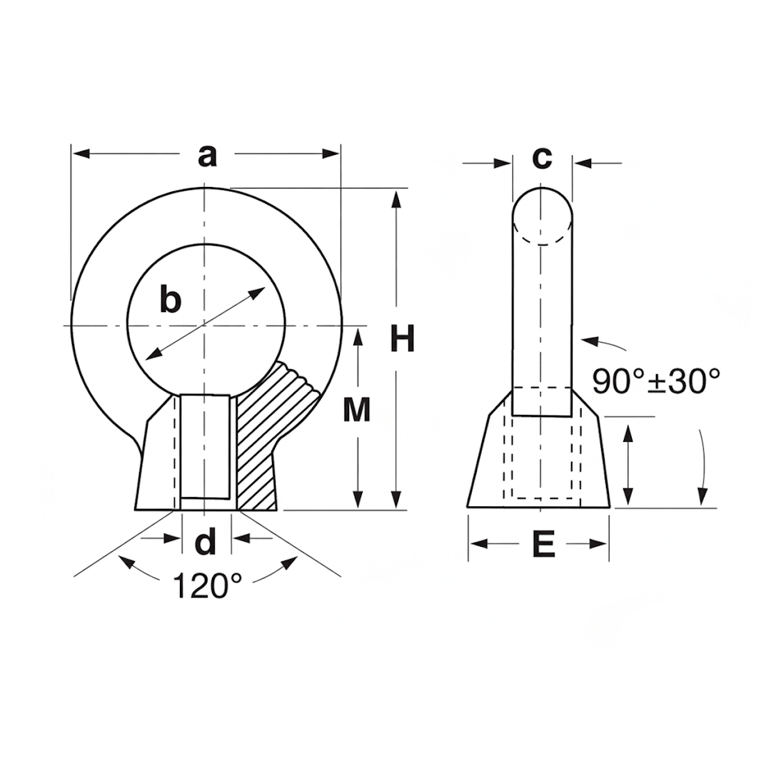 Scheda tecnica golfare femmina DIN inox 316 Ø 12 mm con dimensioni a, b, c, d, E, H, M e angoli