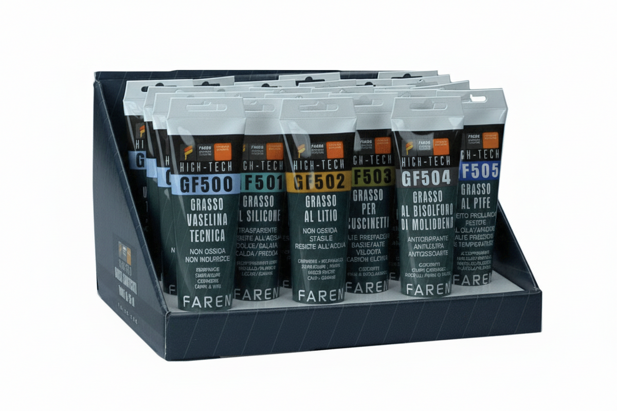Espositore Faren High-Tech con 6 tipi di grasso tecnico in tubetti scuri, tra cui GF504 bisolfuro di molibdeno