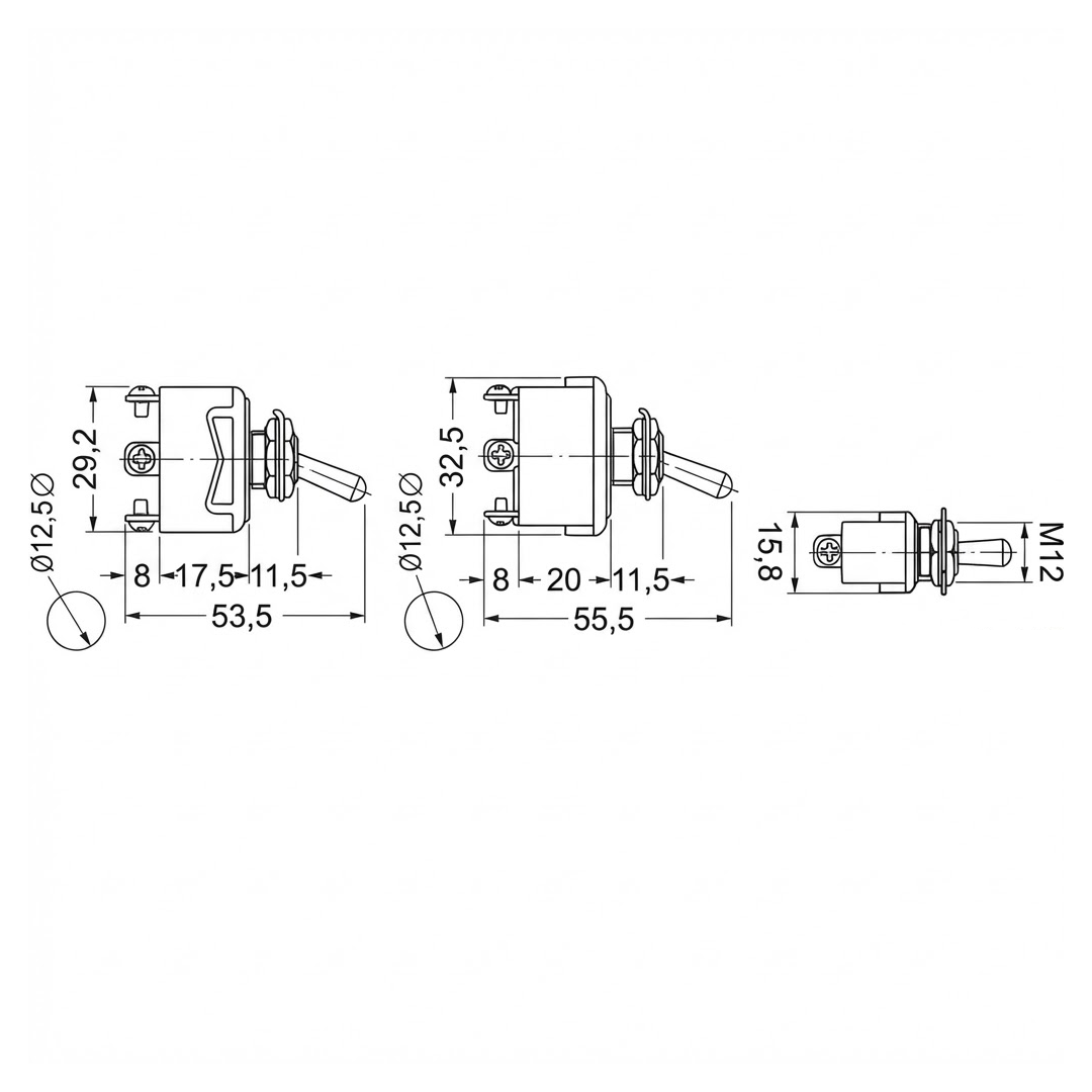Interruttore a levetta in metallo per quadri elettrici nautici e automotive, disponibile in varie funzioni.