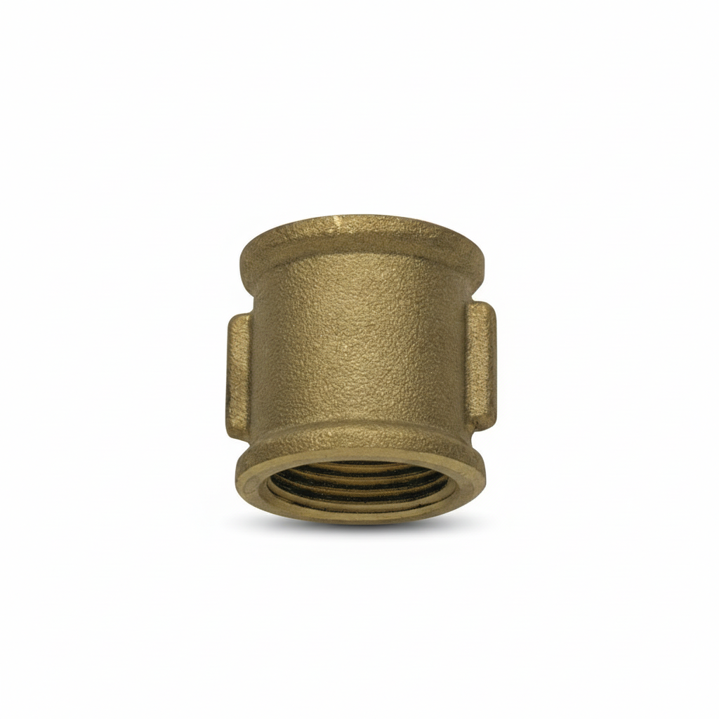 Manicotto ottone femmina-femmina cilindrico color oro con filettatura interna visibile e flange laterali