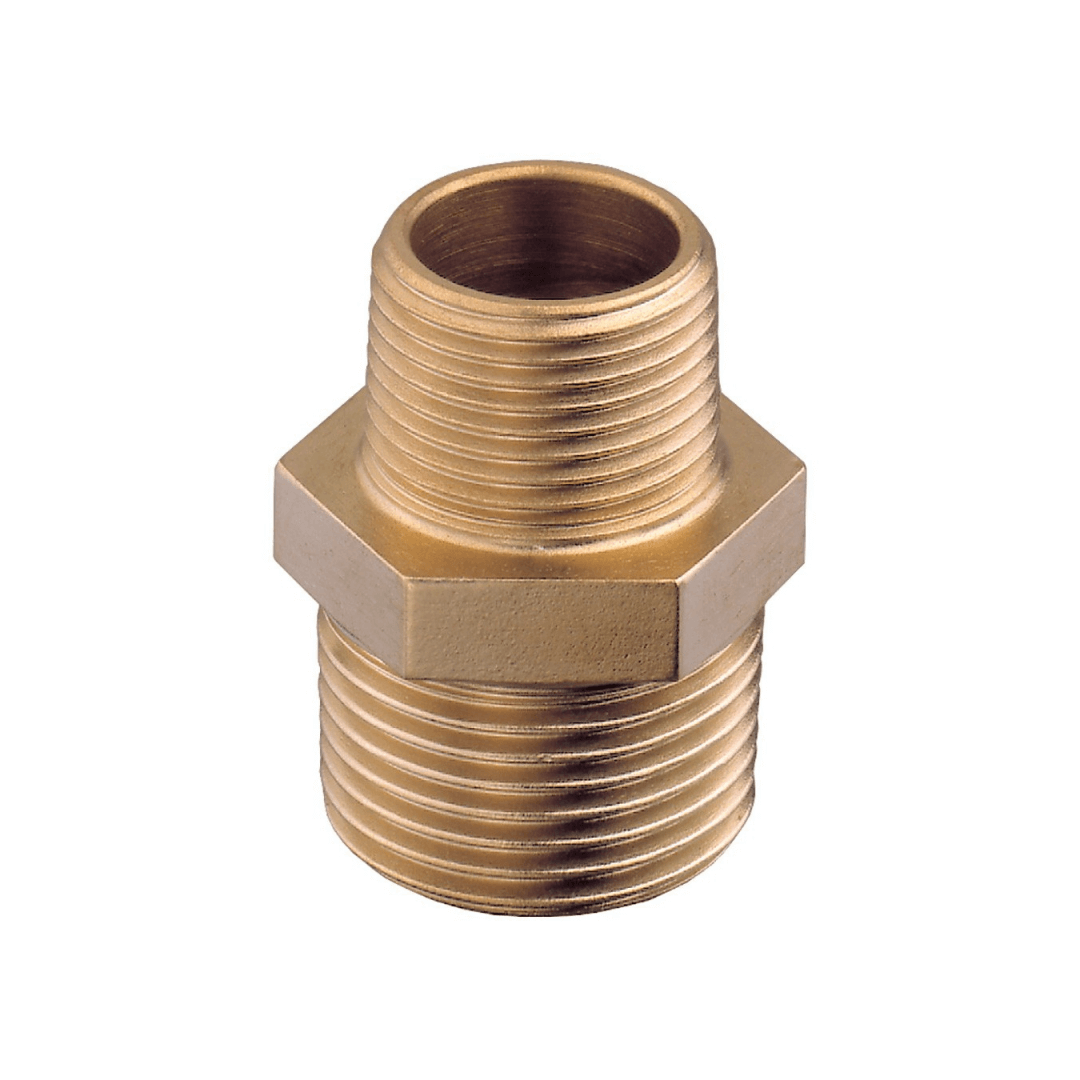 Nipples ridotto maschio-maschio in ottone dorato con esagono centrale e filettature su entrambi i lati