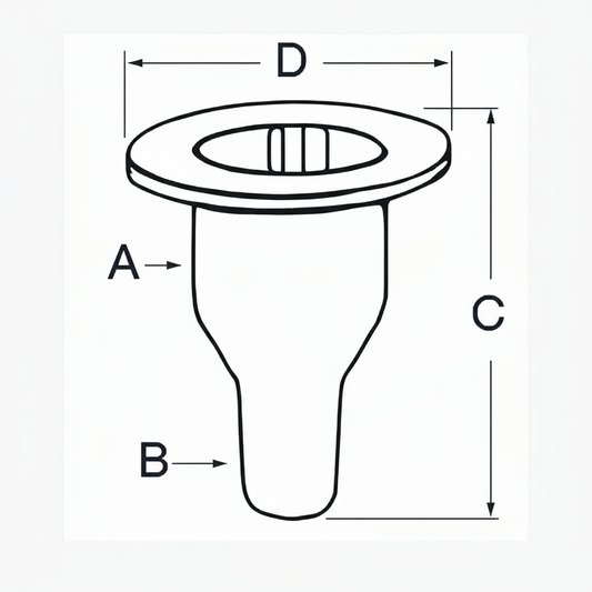 Scheda tecnica ombrinale scarico a mare bianco 1" portagomma Ø25mm con dimensioni A, B, C, D