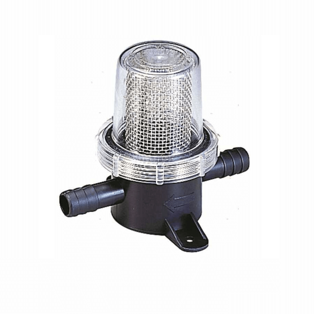 Filtro acqua 3/4" con portagomma nero, cestello a rete e corpo trasparente, innesti laterali per tubi