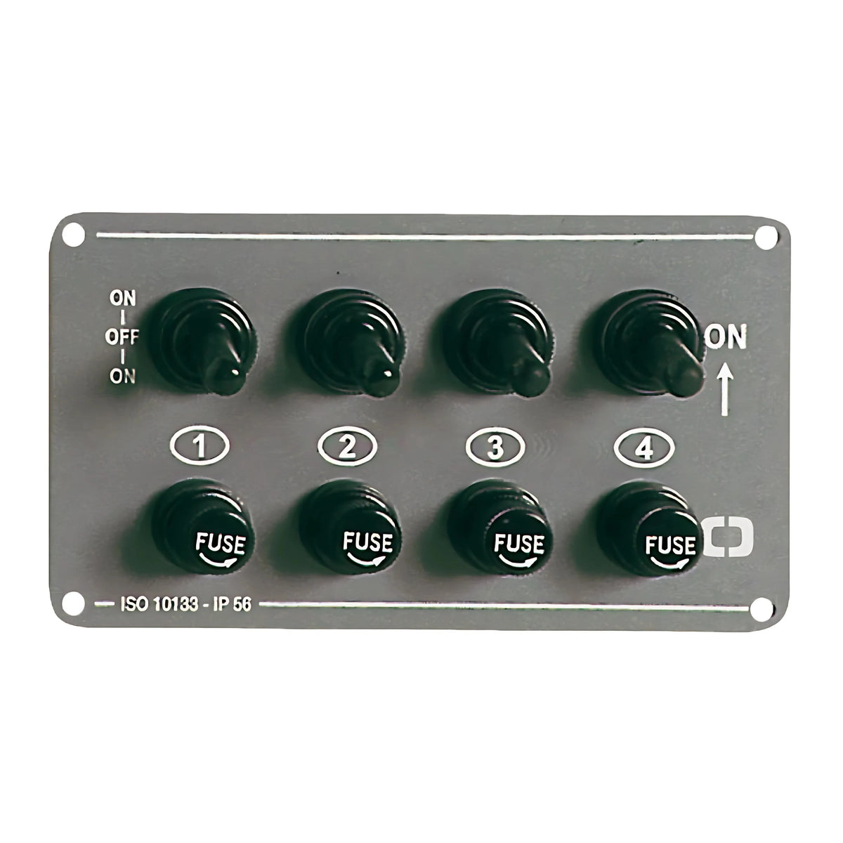 Pannello elettrico orizzontale in alluminio anodizzato grigio con 4 interruttori stagni IP56 per barca.