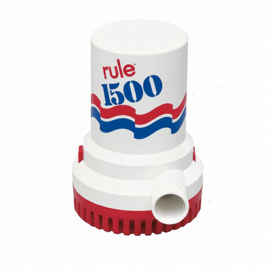 Pompa di sentina RULE standard ad immersione, disponibile nei modelli 1500 e 2000 (12V e 24V), compatibile con interruttori esterni automatici.