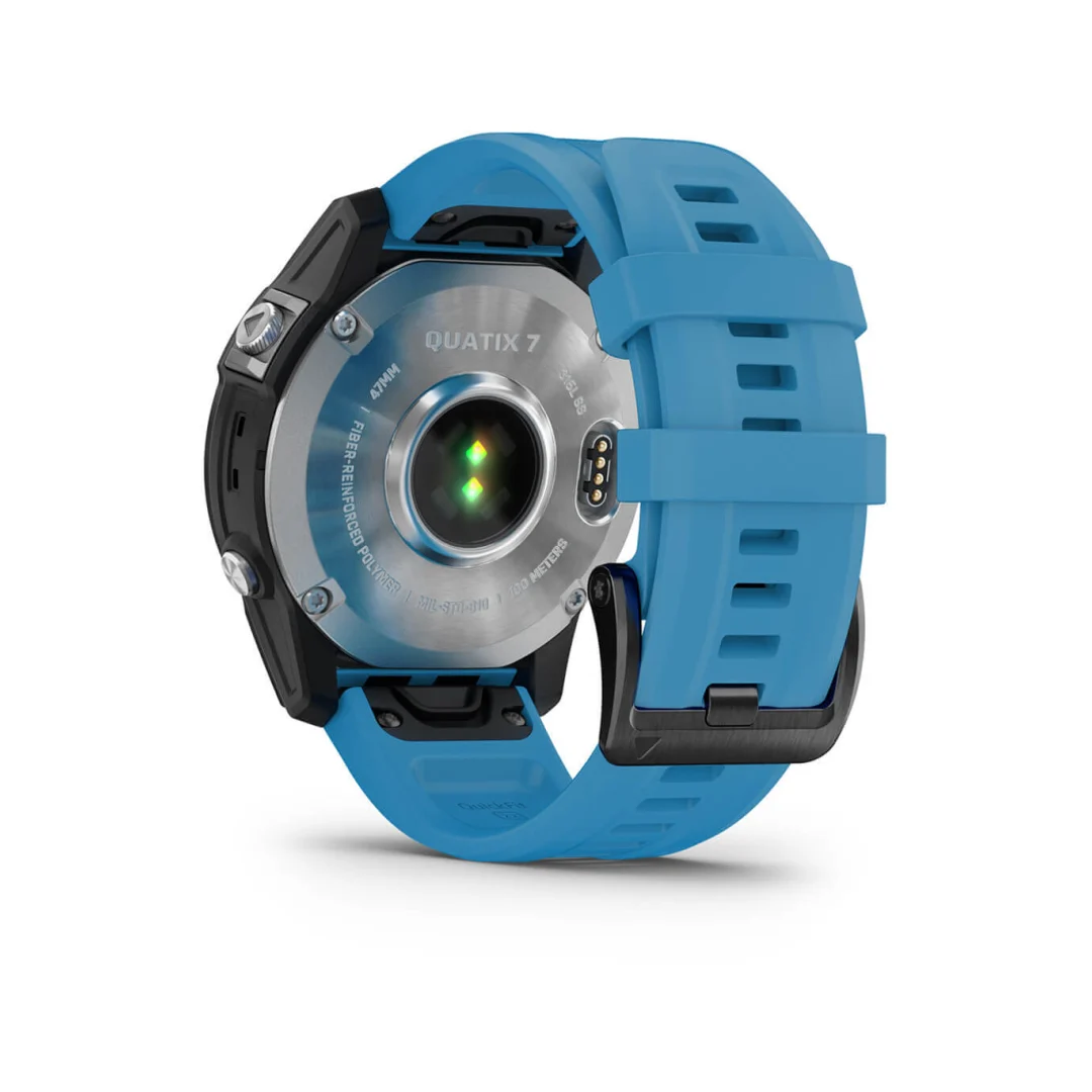 Retro orologio Garmin Quatix 7 con sensore ottico verde, cinturino silicone blu e cassa nera 47mm