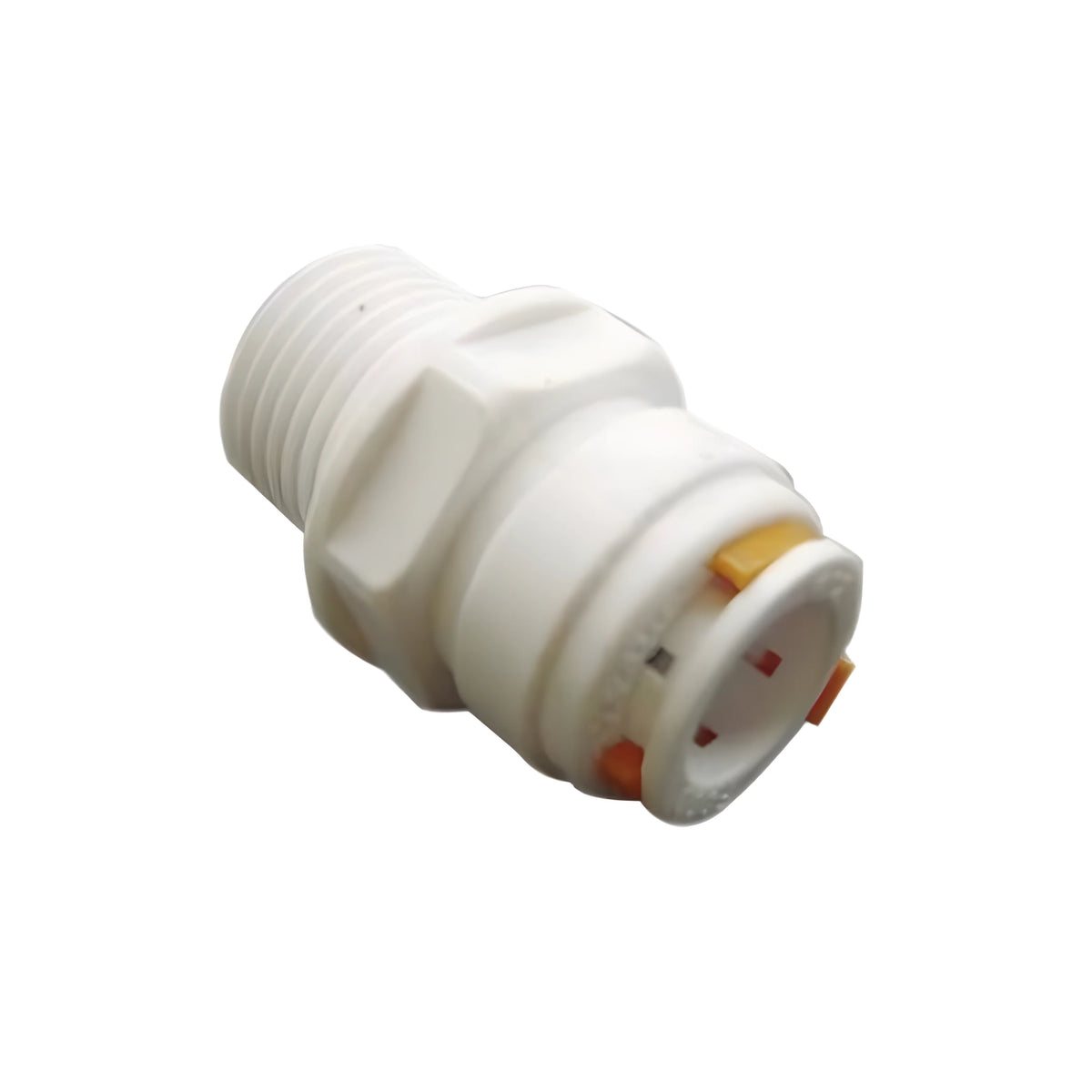 Raccordo dritto con innesto rapido femmina per tubo idrico da 12 mm e attacco filettato maschio da 1/2 pollice in plastica atossica.