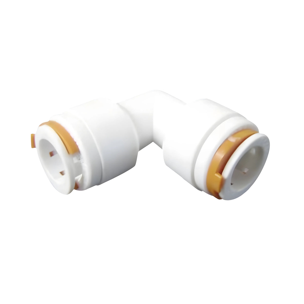 Raccordo rapido a gomito a 90 gradi femmina/femmina per tubo idrico nautico da 12 mm. Montaggio a scatto in plastica atossica alimentare.