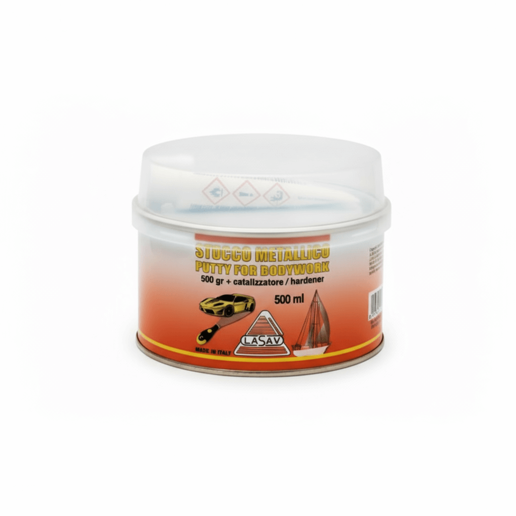Stucco metallico Lasav in barattolo rotondo arancione con coperchio trasparente, 500 ml con catalizzatore
