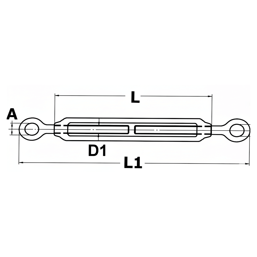 Scheda tecnica tenditore a due occhi in acciaio inox con dimensioni L, L1, D1 e A
