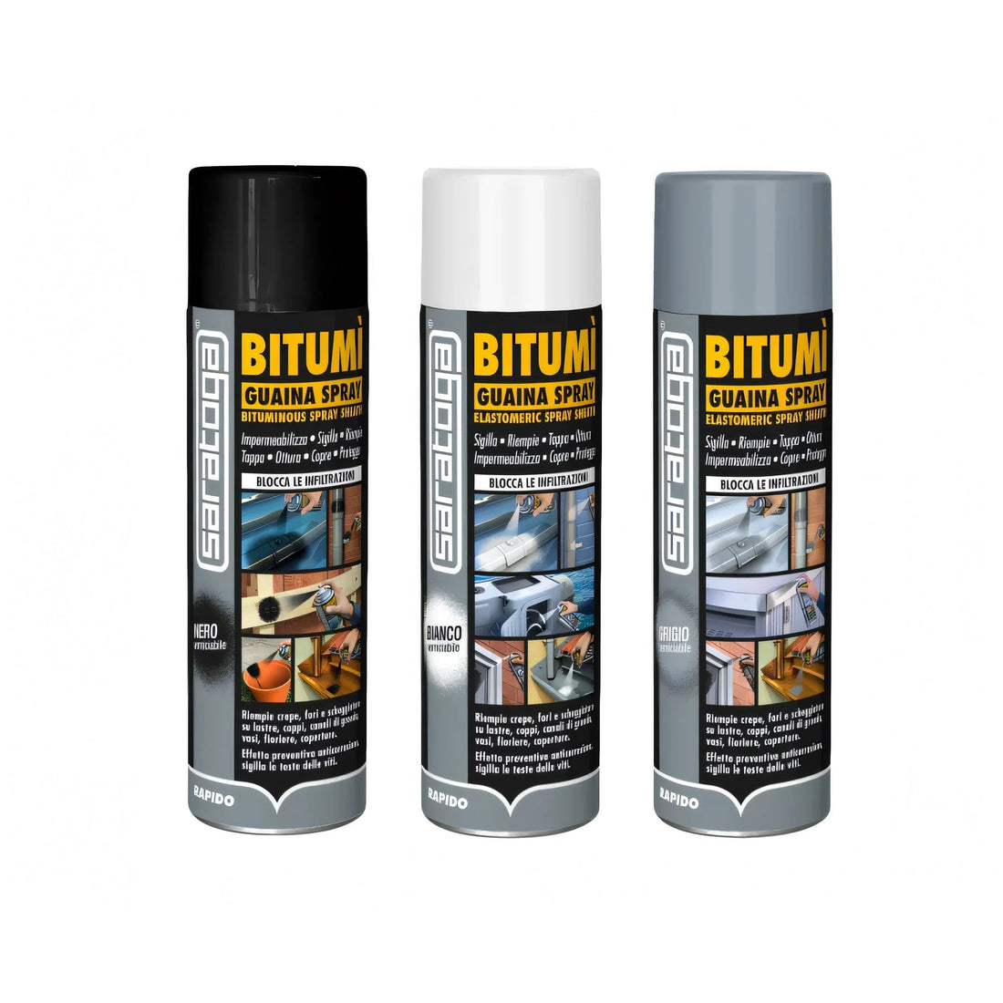 Bombola di guaina spray elastomerica Bitumì Saratoga nera da 500 ml per impermeabilizzare tetti e grondaie