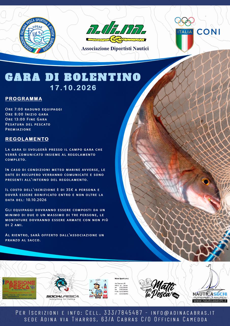 Locandina della gara di bolentino A.DI.NA. di Cabras del 17 ottobre 2026 con programma e regolamento sintetico