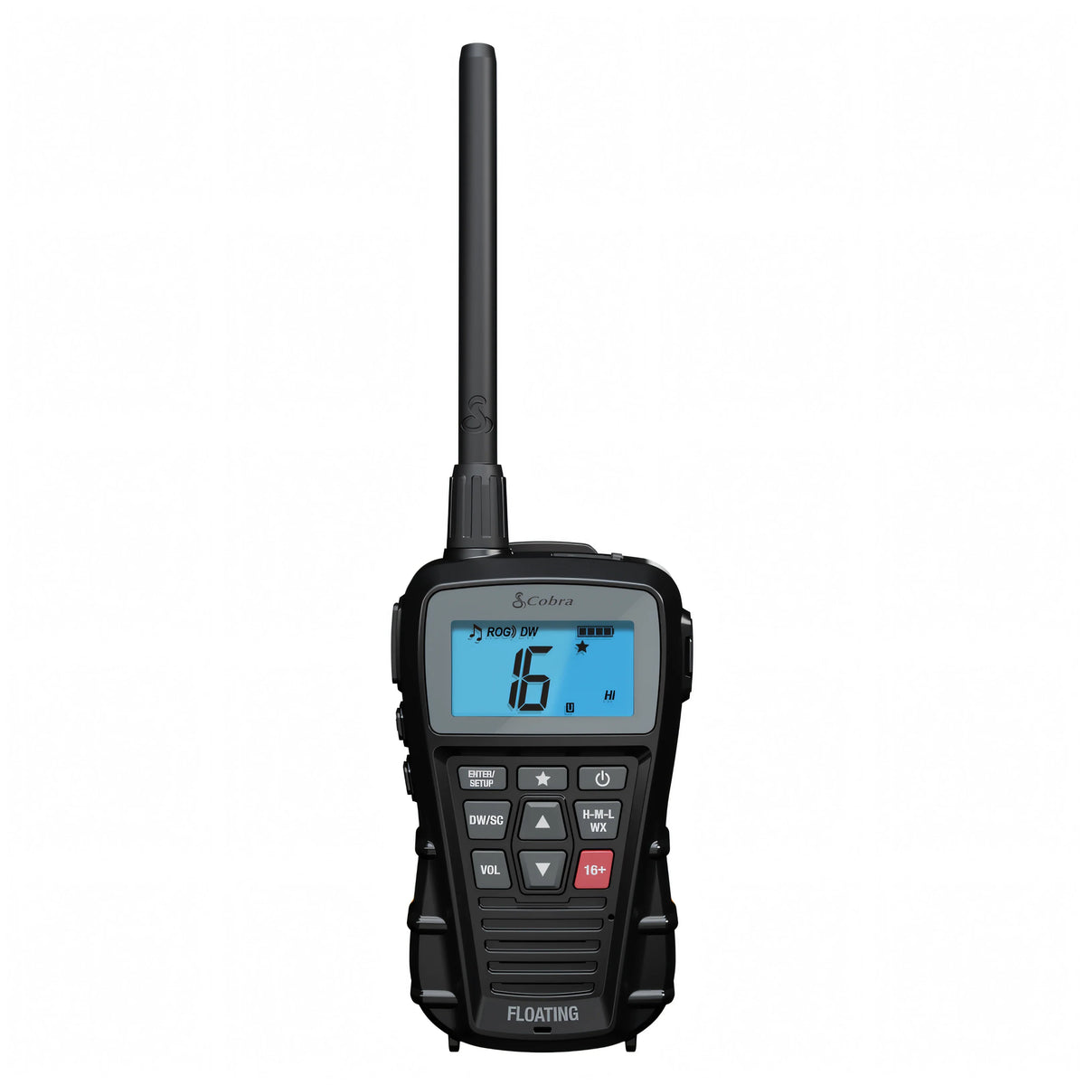 Radio VHF portatile Cobra Marine BlueBound 150E nera vista frontale con display LCD retroilluminato