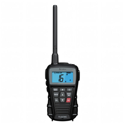 Radio VHF portatile Cobra Marine BlueBound 150E nera vista frontale con display LCD retroilluminato