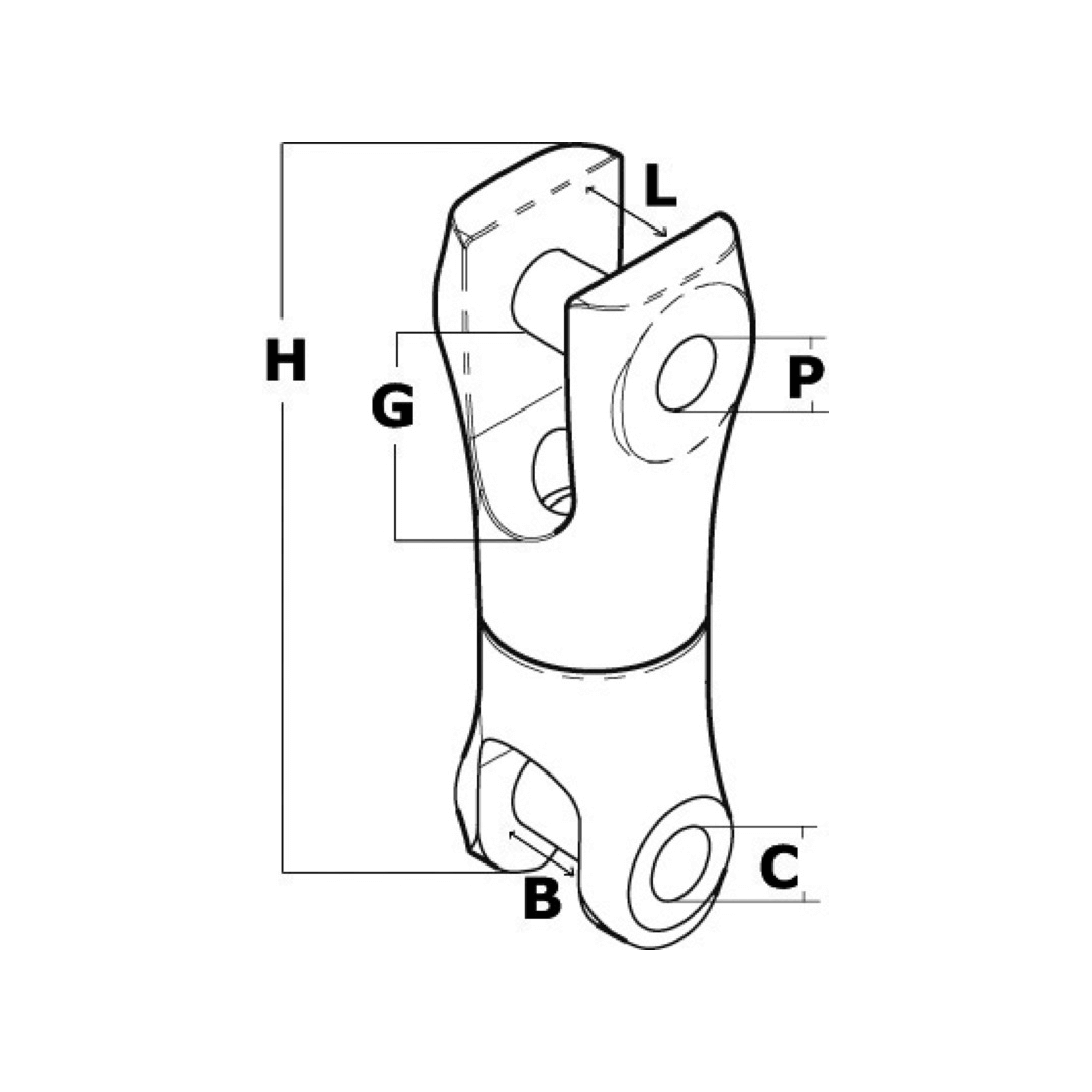 Scheda tecnica giunto per ancora girevole catena Ø 6/8 mm con quote H, G, L, P, B, C