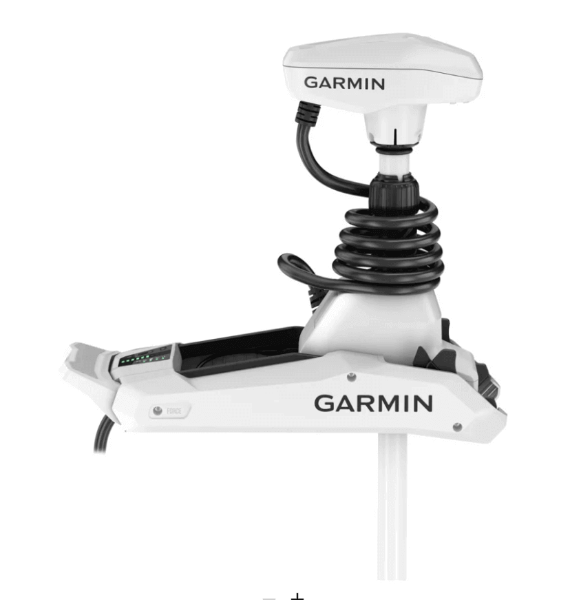 Motore elettrico Garmin Force Kraken bianco con GPS integrato, staffa montaggio e cavo spiralato