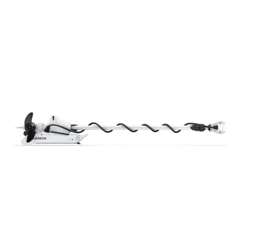 Motore elettrico trolling Garmin Force Kraken bianco con elica nera e cavo spiralato, vista laterale