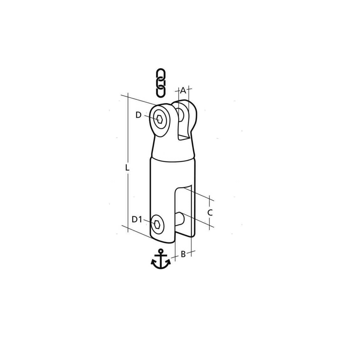 Scheda tecnica giunto girevole per ancora Douglas Marine con quote dimensionali A, B, C, D, D1, L
