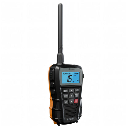 Radio VHF portatile Cobra Marine BlueBound 150E nera con banda arancione galleggiante