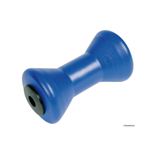 Rullo centrale blu in polietilene forma a clessidra L.195mm con foro passante Ø21mm per carrello rimessaggio