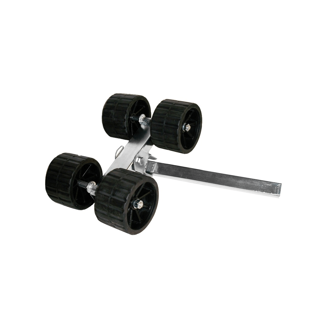 Staffa rullo laterale rialzato con 4 rulli in gomma nera su supporto metallico cromato per carrelli