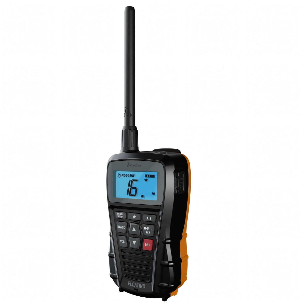 Radio VHF portatile Cobra Marine BlueBound 150E nera con banda arancione vista di tre quarti