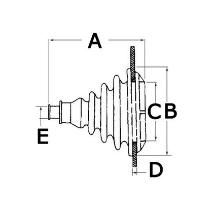Scheda tecnica cuffia passa paratia ad incastro Ø 105x70 mm grigia con quote A, B, C, D, E