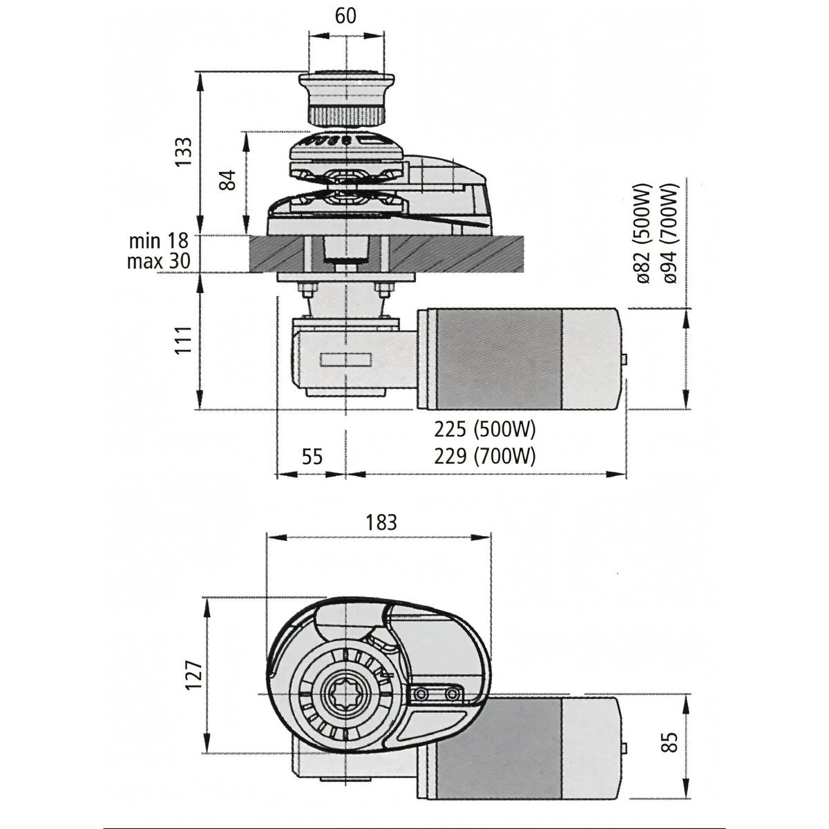 Verricello Lofrans X1, disegno tecnico con dimensioni di ingombro
