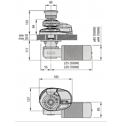 Verricello Lofrans X1, disegno tecnico con dimensioni di ingombro